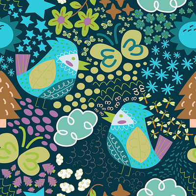 Seamless Birds Playing pattern birds butterfly cloud colorful dragonfly kids memphis nature repeat sun trees