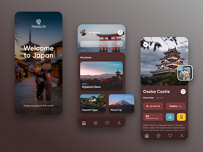 Travelite | Dark Theme App Design app design branding dark dark theme design figma graphic design logo uiux vector