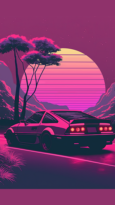 Vintage Romance: Driving Into the Sunset. automotive art car art car illustration design digital art illustration japanese cars