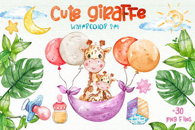 Watercolor Giraffe Cliparts Set png files