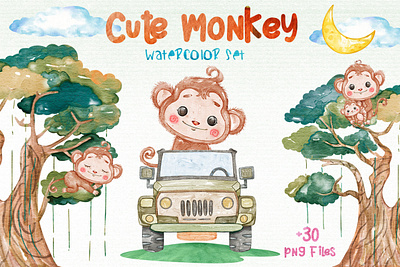 Watercolor Monkey Cliparts Set png files