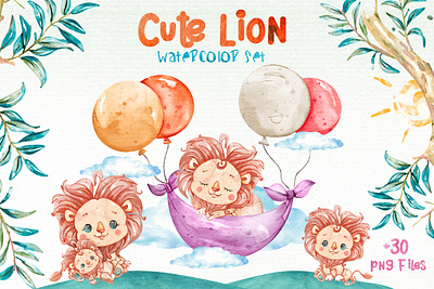 Watercolor Lion Cliparts Set png files