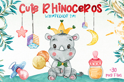 Watercolor Rhinoceros Cliparts Set png files