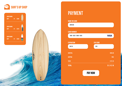 Surf's Up Shop checkout colour credit card payment surfing ui ux web design