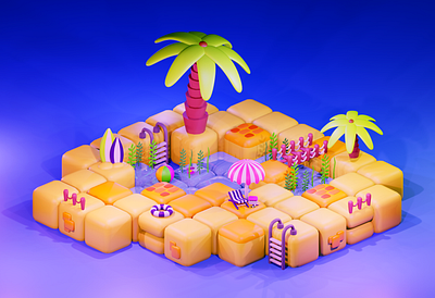 3D Low poly Beach 3d beach biome blender game art game design low poly palm tree umbrella