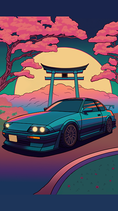 The Outrun Torii: A Nostalgic Journey Through Time. automotive art car art car illustration design digital art illustration japanese cars