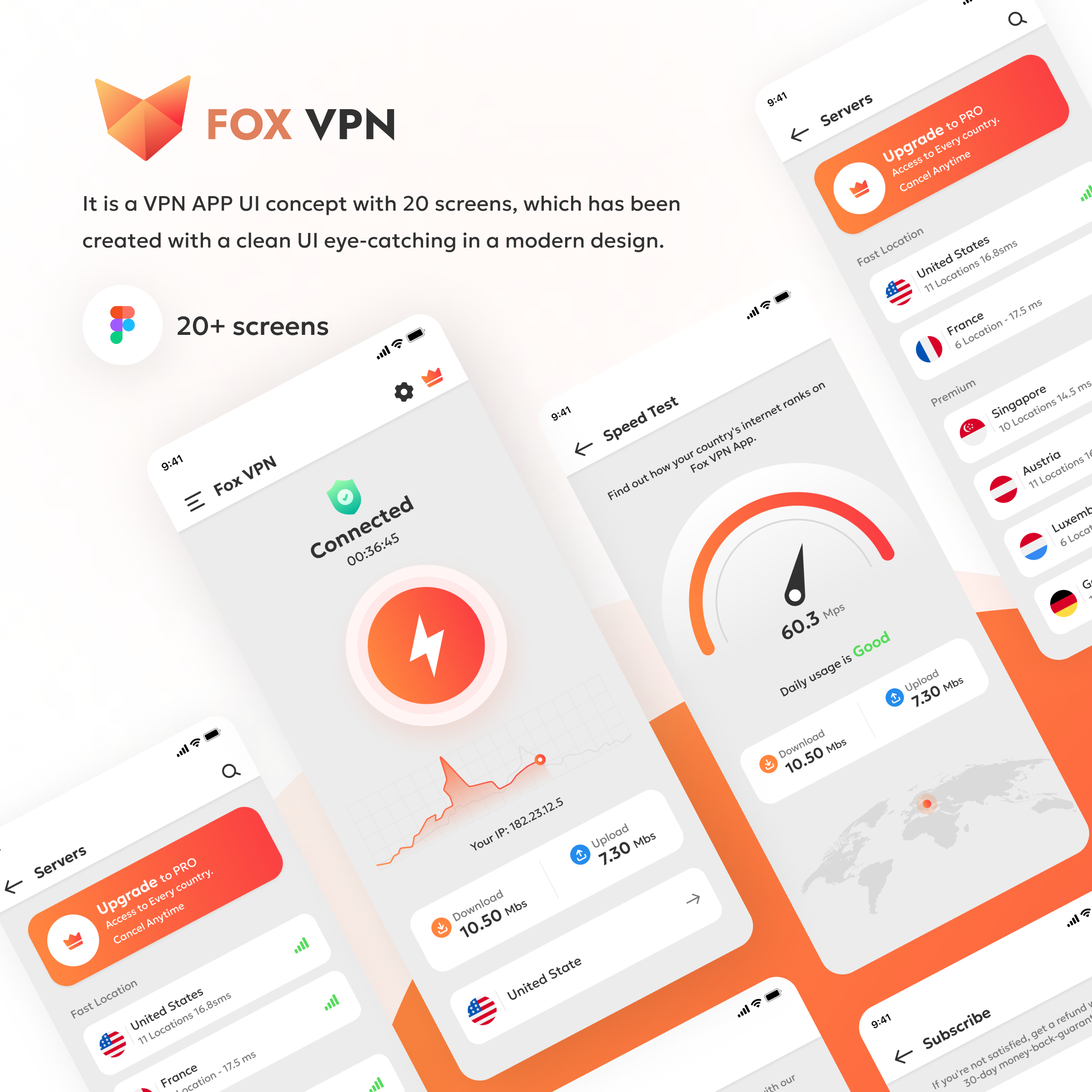 FOX VPN App UI Concept graphic design mobile app ui orangethem ui set vpnappui