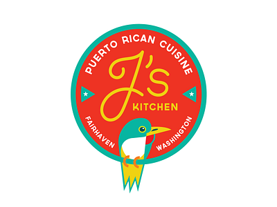 J's Kitchen badge bird branding bright colors cafe cantina carribean circular cuban food illustration logo design mascot mexican modern puerto rico restaurant southwest typography vector