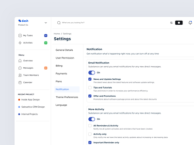 Settings page- Dash's Design System [Notification] branding dashboard design desktop mobile setting setting app table ui uidesign userexperience userinterface ux web webapp webdesign