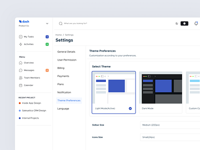 Settings page- Dash's Design System [Theme preferences] branding card dashboard design mobile setting table theme uidesign uiux user inteface userexperience ux web webapp
