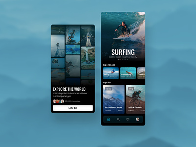 Adventure Packages adventure blue cards collage dark theme diving hiking mobile mobile app mountain ocean product design road trip splash screen surfing tourism travel travel app ui water sports