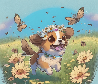 Dog with flower crown design illustration