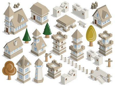 A Set of Medieval Houses and Elements. antique isolated