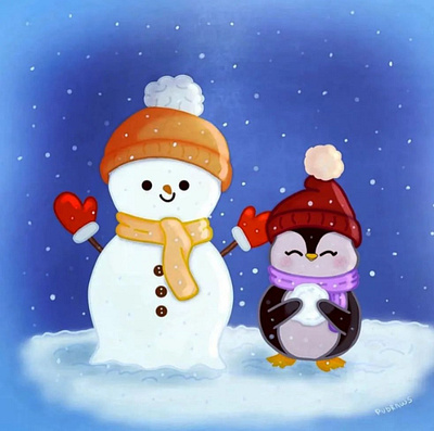 Penguin in the snow artwork cute digital illustration drawing illustration kawaii penguin snow winter