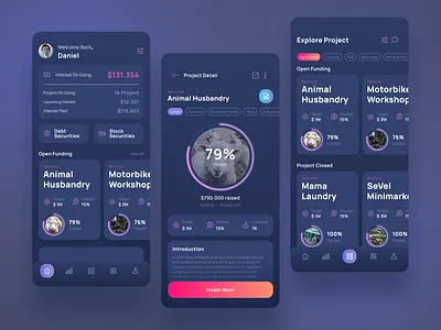 Crowdfunding Apps apps asset blockchain crowdfunding crowdfunding apps dark theme dark ui dashboard debt financial apps funding invest investment money stock ui user interface