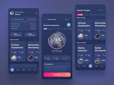 Crowdfunding Apps apps asset blockchain crowdfunding crowdfunding apps dark theme dark ui dashboard debt financial apps funding invest investment money stock ui user interface