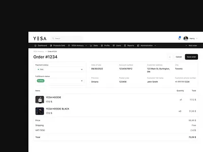 Sales management system to track orders and reports -YESA accounting admin dashboard client management comission system dashboard ecommerce dashboard inventory new order order fullfilment orders receipt sales system single order table ui