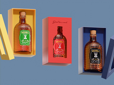 Dushnils 3d animals blender bottle box branding character design icon illustration logo product promo render web whiskey whisky