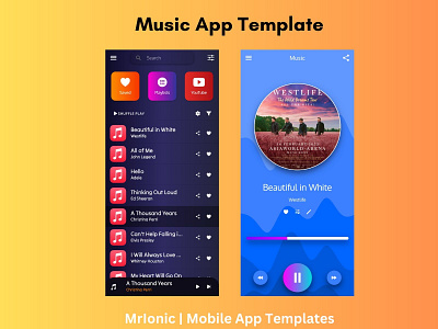 Music Mobile App Template angular app code coding design graphic design ideas illustration ionic ionic framework ionicc apps landing pages mobile music pages player readymade readytouse templates ui