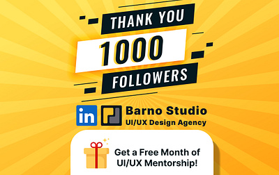 We Reached 1000 Followers on Our Linkedin Page! 🎉 appdesign barnostudio branding design design agency followers linkedin ui uiux uiuxconsulting uiuxdesign uiuxdesigner uiuxmentorship uiuxreview uiuxstudio uiuxtips userexperience ux web