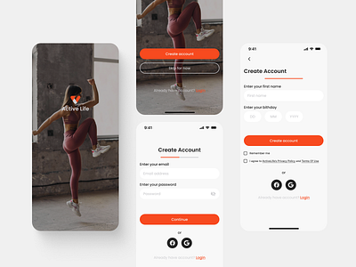 Launch and sign-up screens. Fitness app app appdesign design digitaldesign fitnessapp launch mobile app onboarding signup sport app ui ux