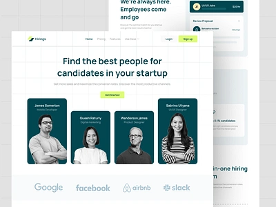 Hirings - Job finder landing page clean company employee financial finder green header hire hiring hrd job jobseeker landing page marketing simple startup talent ui snippet website work