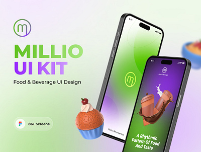 MILLIO_Food & Beverage App UI Kits app design beverage cake creative design delivery ecommerce fast food figma food graphic design mobile app sweet ui ui8 uikits ux