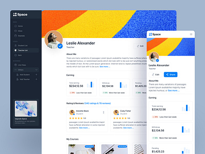 LMS Profile | Space Design System course dashboard design e learning education elearning learning dashboard learning menegment system lessons metrics card online education online tutoring product design profile sidebar student ui design user interface design ux design webapp