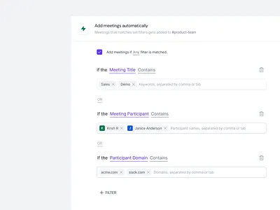 Rule Engine - Auto Add Meetings ai auto automation builder conditions filters if meeting purple rule engine rules saas string ui ux workflow builder
