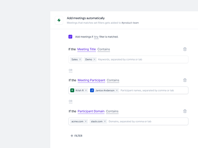 Rule Engine - Auto Add Meetings ai auto automation builder conditions filters if meeting purple rule engine rules saas string ui ux workflow builder