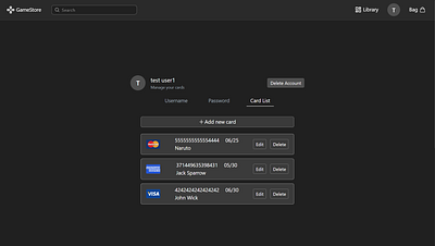 Game Store - Saved card details app design ui ux