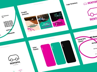 Rentopia Brand Guidelines brand brand guidelines brand identity brandbook branding car car rental concept design graphic design green guideline identity illustration logo logotype monogram pink rent ui