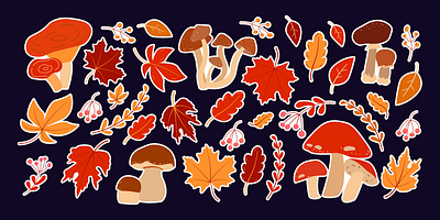 Autumn leaves, mushrooms and berries stickers autumn autumn stickers design graphic design illustration illustrator stickers stickers set vector