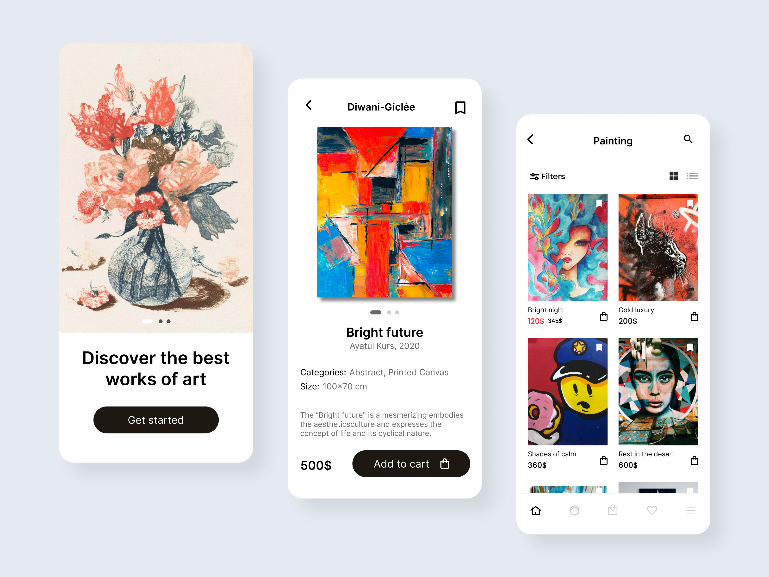 Art shope mobile app UI app design art art gallery art shop design e commerce app ecommerce market marketplace masterpiece minimalist mobile mobile app design modern art online shop online store painting product page shopping app store