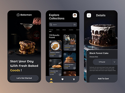 Bakeman / Bakery Shop App Design. app concept app design application baked goods bakery app bakery branding bakery shop cake shop cookies desserts donuts food app mobile app mobile ui neubrutalism pancakes ui ui design ui ux design