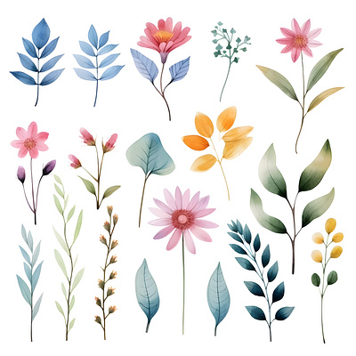 Beautiful Watercolor Spring Flowers Cliparts 3d animation app branding cliparts design floral flowers graphic design illustration logo motion graphics ui ux vector watercolor