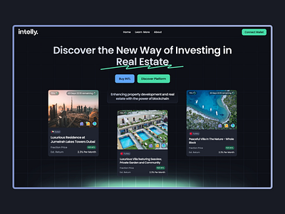 Intelly - Landing Page for Real Estate Investment Platform animation crypto design investing investment landing landing page modern motion graphics nft real estate ui ui design ux website