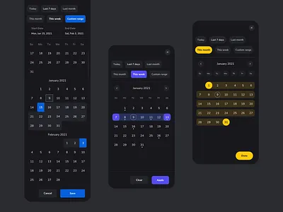 Calendar UI Component — Dark Theme calendar dark mode dark theme dark ui date picker date range design exploration mobile app product design ui ui component ux visual exploration