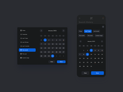 Date Picker Component — Dark Theme calendar dark component dark mode dark theme dark ui date picker design exploration product design responsive ui ui component ui element ux visual exploration