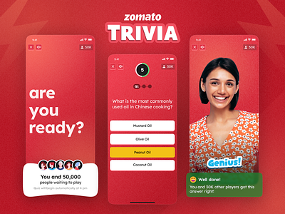 Zomato Trivia | Live Quiz Game animation branding food game gamification motion graphics quiz red trivia ui ux visual design zomato