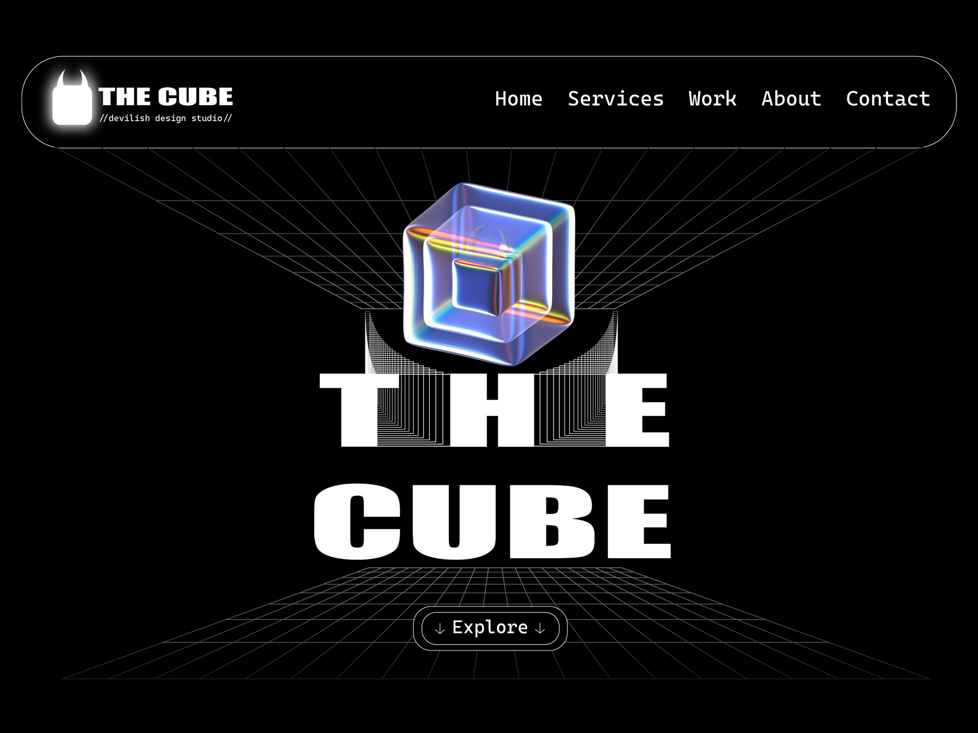 THE CUBE // design studio 3d animation black interface branding branding identity cube dark mode design studio devilish glass holographic landing page logo minimalist motion graphics reflection refraction ui ux website