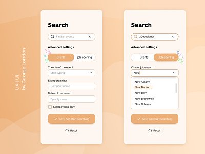 The search settings screen in the app android android mobile app brown clear coworking design dust editable field finding interface ios app mobile pastel peach product design sand search ui ux