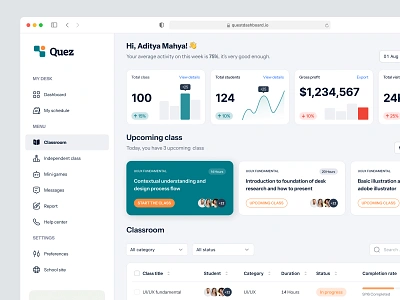 Quez - LMS Dashboard (Classroom) classroomdashboard course daily ui design dashboard design education educationdashboard lms lmsdashboard screen students teacher ui ui design uiux