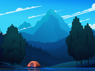 Camping can be in close contact with nature blue camping cloud design green illustration mountain people sky tree yellow