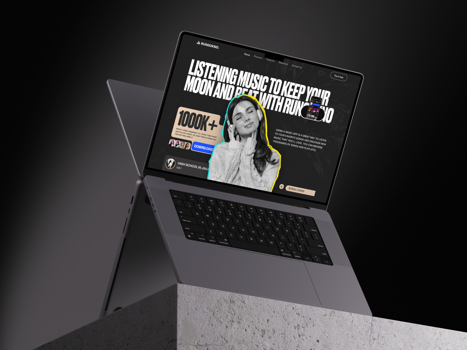 Rungokno - Music App Hero Exploration 🎷 album album music app dark ui hero section joox listen music music app music player playlist podcast song sound soundcloud spotify stream streaming platform ui website