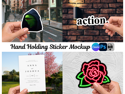 Hand Holding Sticker Mockup - Includes 4 Free Backgrounds design hand holding sticker mockup sticker mockup