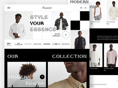 Essentials Fashion Landing Page apparel black and white clean cloth clothing ecommerce fashion landing page luxury mens fashion minimal modern online store photography store style ui ux web website