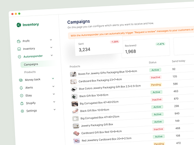 Campaigns - screen alert app campaigns cards concept design drawer green icons inventory list minimal product product design side menu table tags typography ui ux
