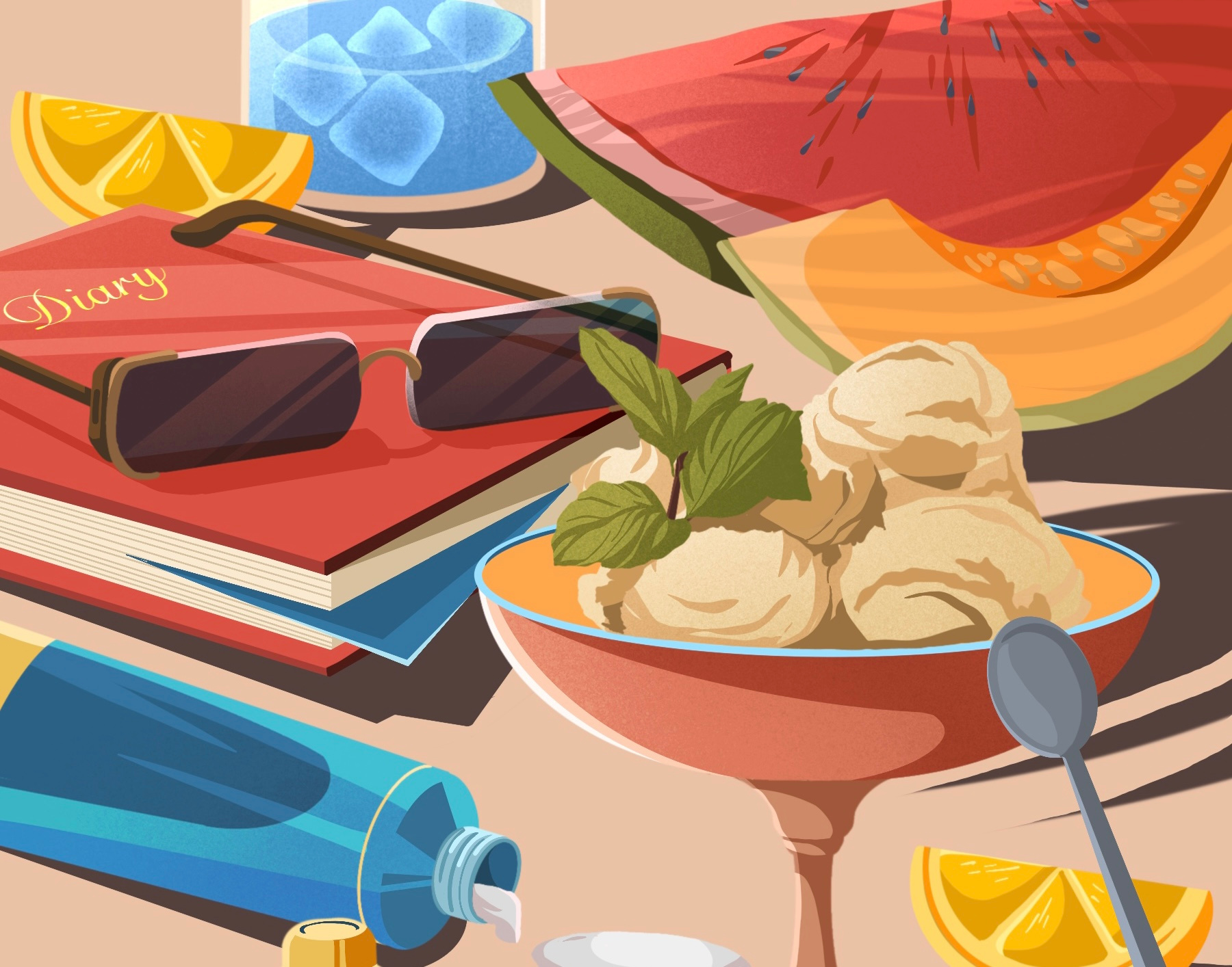 Summer chill food hot ice cream lemon lemonade relax summer sunglasses sunscreen water watermelon