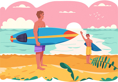 Surfing art beach cartoon character design illustration sunshine surf surfer vector